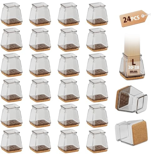 24 Pcs Square Brown Chair Leg Silicone Floor Protectors, Chair Socks, Stool Leg Covers with Felt Pads, Protect Floors from Scratches, Reduce Noise (Fit:30-38mm)