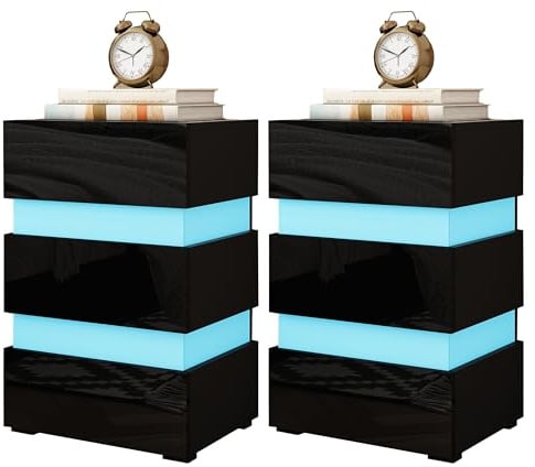2er Pack Moderner Nachttisch Schwarz Hochglanz mit LED & 3 Schubladen Push-to-Open, Nachtschrank Kommode 45x35x67 cm, Großer Stauraum für Schlafzimmer & Wohnzimmer Sofa Tisch mit Beleuchtung