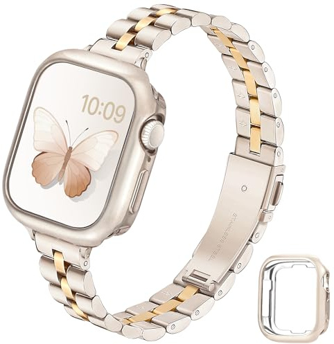 G-ficu Thin Metal Straps with Case for Apple Watch Straps Women 44mm 45mm 42mm 40mm 41mm 38mm, Slim Stainless Steel iWatch Strap with Protective Cover for Apple Watch Strap Series 9 8 7 6 5 4 3 2 SE 3