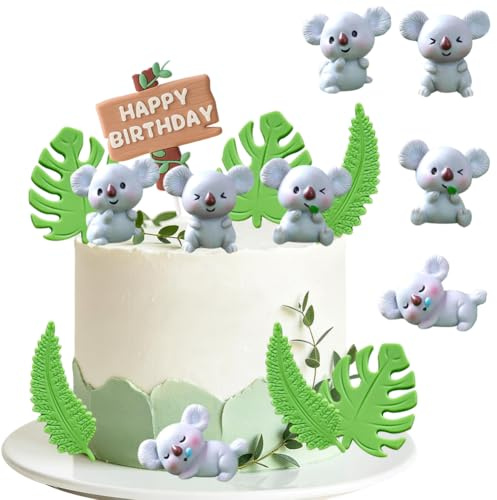 LIAJIA Koala Tortendeko Tiere Kuchen Deko Happy Birthday Torte Deko Geburtstag Cake Topper Kuchendekoration Palmblätter Kuchendeko Dschungel Kuchen Topper