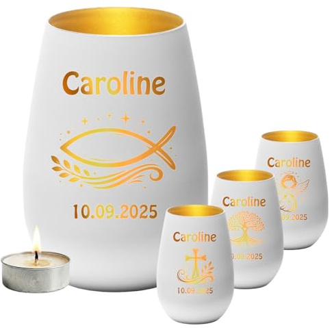 Personalisiertes Teelicht mit Gravur Name & Datum - Windlicht aus Glas zur Taufe, Kommunion, Konfirmation - Geschenk für Firmung Mädchen & Jungen - Teelichthalter Weiß-Gold