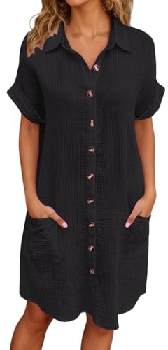 Générique Robe Chemise Lin Coton Femme Ete Chic Et Elegant Robe Femme Col V Manches Courtes Casuel Couleur Unie Robes Fluide avec Boutons Grande Taille Dress pour De Plage Vacances S-3XL