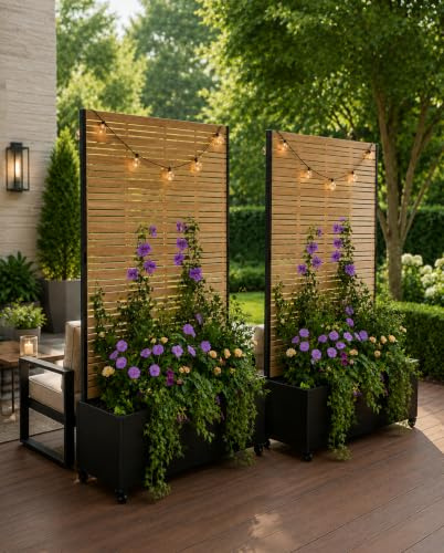 Hochbeet mit Sichtschutz, Metall Pflanzkasten mit Rankgitter und Rollen, freistehender Pflanzkübel 33cm tief, wetterfest für Blumen und Kletterpflanzen - Ideal für Garten, Balkon und Terrasse