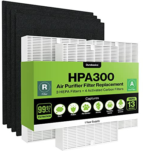 Durabasics HEPA 13 Filters for HPA300 Honeywell Air Purifier Filters & Honeywell HPA300-3 HEPA Filters & 4 Pre-Cut Activated Carbon Pre Filters - Replacements for Honeywell Filter R & HPA300 Filter