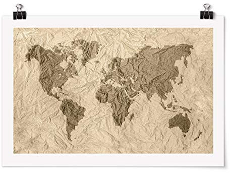 Poster Motiv - Papier Weltkarte Beige Braun - Selbstklebend seidenmatt 50 x 75cm