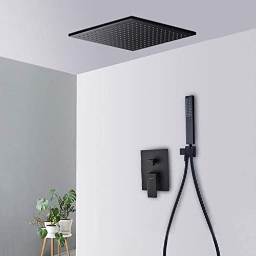 Duschkopf Regendusche Unterputz Duscharmatur Set Schwarz Quadratischer Kupfer Duschkopf mit Anti-Kalkstein-Handbrausekopf Duschsystem Regendusche-A_12 In