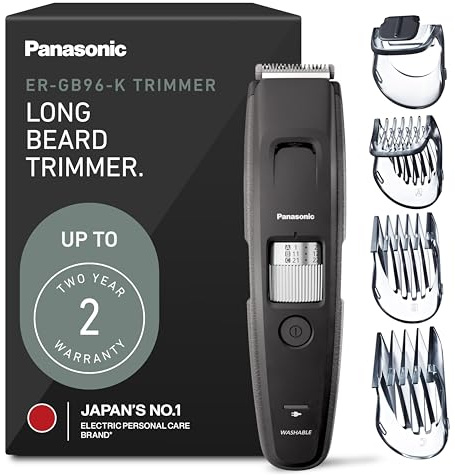 Panasonic Long Beard Trimmer for Men, 58 Length Settings and 4 Attachments to Cut and Detail, Corded or Cordless Beard Trimmer for Men – ER-GB96-K (Black)