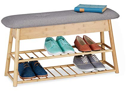 Relaxdays Schuhbank f. 8 Paare, 2 Ablagen, klappbares Sitzpolster, 2 Fächer Stauraum, Bambus, HBT 48 x 90 x 28 cm, Natur, 1 Stück, Hellbraun, Grau