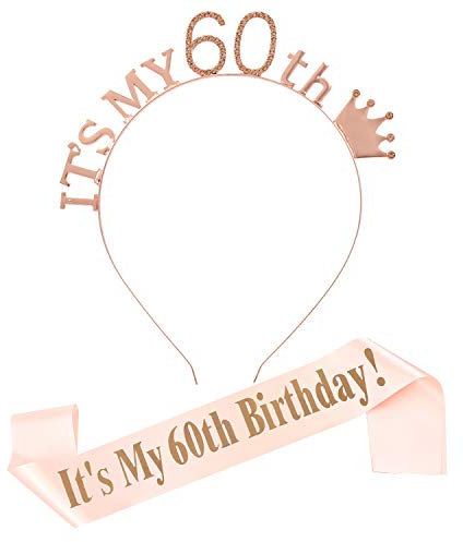 Tiara und Schärpe für 60. Geburtstag, Kristallkrone und Satin, für Frauen, Schärpe zum 60. Geburtstag, Partyzubehör, Strass-Krone und Glitzer-Schärpe (60. Geburtstag, rotgold)