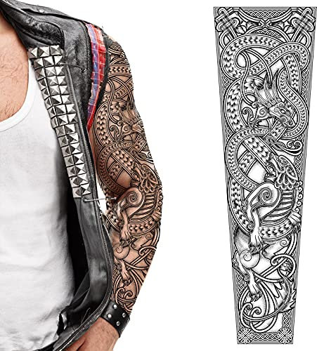 Tatodays temporäres tattoo mit vollem arm, wikinger-drache, zum aufkleben, körperkunst, transfer für damen und herren, cosplay, halloween, erwachsene, temporäres tattoo für arme