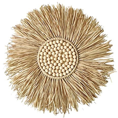 Bodhi2000 Décoration murale en paille faite à la main avec miroir et perles en bois