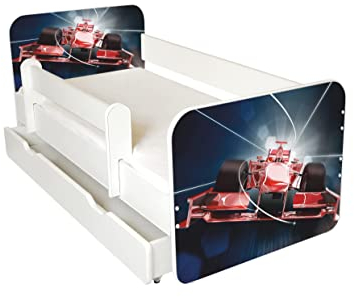 AS-TOR Kinderbett Jugendbett Igor 80x160cm mit Matratze, Schublade und Abnehmbarem Geländer - Bett Schlafzimmer Kindermöbel Kinderbetten für Mädchen Junge, Hochwertige Möbelplatte Rotes Auto