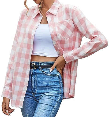 SANGTREE Womens and Girls Long Sleeve Casual Button Down Plaid Shirts, 3 Months - Adult 2XL, A Pink White Plaid, S