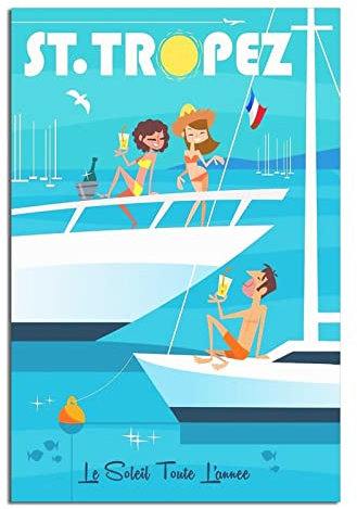 Saint-Tropez Yacht Französische Riviera Vintage Reise-Poster Leinwand Kunst Wand-Dekor Poster Bild Druck Gemälde Poster Geschenk 30 x 45 cm