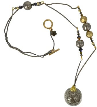 Collier sautoir avec pendentif bulle en verre et chaîne grise et dorée, perles coloris gris or. Bijou unique pour femme élégante chic