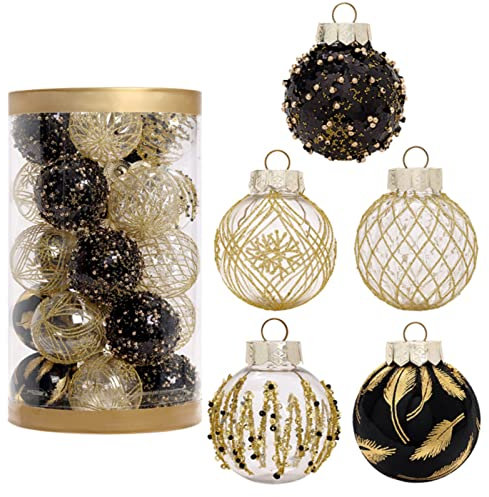 Sarah Duke 25 Stück 6 cm Weihnachtskugeln Kunststoff Christbaumkugeln Weiß Baumschmuck Weihnachtsbaum Hängende Dekor für Weihnachten Hochzeit Party (Schwarz+Gold)
