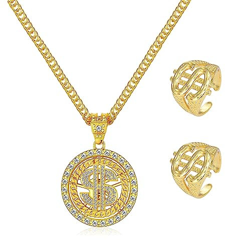 UYUYong Goldkette Herren Drehen + Dollar Ring Hip-hop Set Zuhälter Kostüm Set 80er 90er für Faschingszubehör Mottopartys Cosplay Karneval