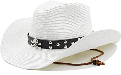 caoxhenr Chapeau de cowboy en paille tissé Panama Hommes & Femmes Métal crâne large bord Cowgirl Western-Hat avec ceinture, w, taille unique