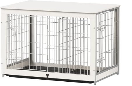 Piskyet Hundekäfig-Möbel aus Holz mit Trennwand, Beistelltisch mit fixierbarer Rutschschale, Doppeltüren, Hundehütte für den Innenbereich (L x B x H): 96 x 63,8 x 66,8 cm, Weiß