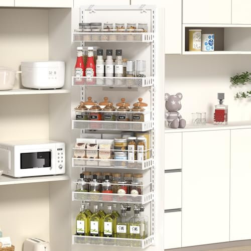 TOPWE Over Door Storage, 6-Tier Adjustable Pantry Door Organizer Shelves with Hook for Each Layer, Back Door Metal Hanging Spice Rack for Kitchen Pantry Bathroom, White