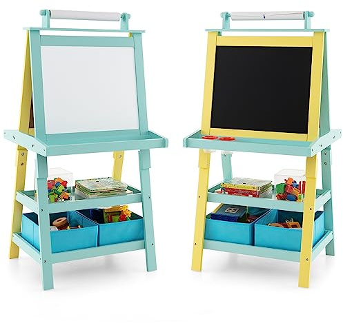 DREAMADE doppelseitige Kinder Staffelei aus Holz, Kinderstaffelei mit Ablage, Kindertafel mit Papierrolle Whiteboard und Kreidetafel, inkl. 2 Stoffboxen (Blau+Gelb)