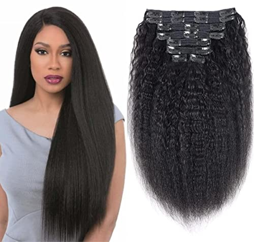 Unipearl Yaki Straight Clip in Extensions Echthaar,55cm 22 Zoll 8PCS 120g Natürliches Schwarz Haarverlängerung für Frauen Kinky Straight Remy Hair Extensions Clip in