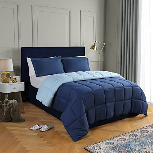 HIG Bettdecke 260x220 cm Set mit 2 Kissenbezügen – Oeko-TEX zertifizierte Marineblaues Steppdecke, Kastenförmig genähtes Design – 2700g Daunenalternative, Weich, Flauschig