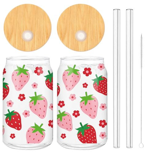 Whaline 2 Pack Strawberry Iced Coffee Cup Red Pink Strawberry Flower Drinking Glasses Cute Beer Can Glass with Lid Straw Cleaning Brush for Home Office Gifts,16oz