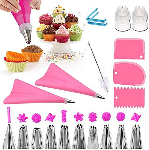 Kit de décoration de gâteaux 20 pièces avec poche à douille en silicone, embouts de douille, coupleur, 3 grattoirs à gâteau, douilles en acier inoxydable pour décoration de gâteaux (rose)