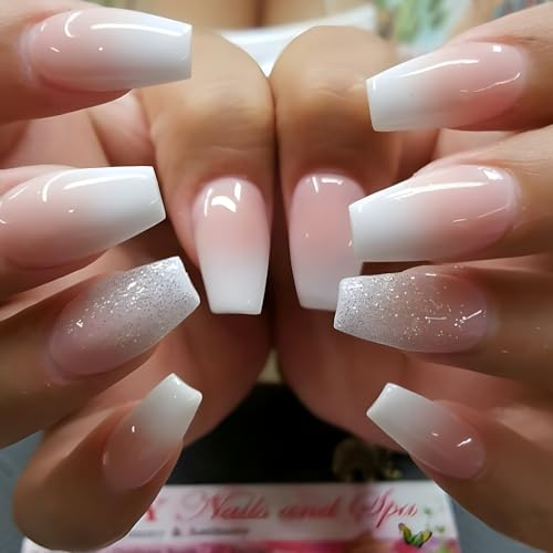 Faux Ongles Court MouyouGlow,Ballerine Babyboomer Dégradé Blanc Paillettes Press on Nails avec Colle à Ongles,Nude Rose Gradient White Fake Nails