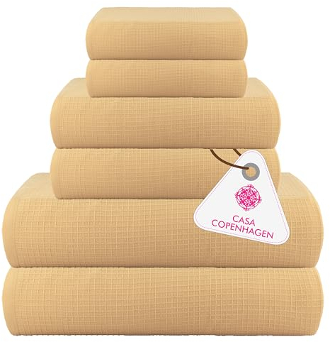 Casa Copenhagen Waffel-Frottee-Handtuch,6-teiliges Set, Baumwolle,extra groß, luxuriös, Beige, 2 Badelaken XL, 89 x 178 cm, 2 große Handtücher, 51 x 79 cm, 2 große Waschlappen, 41 x 41 cm