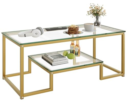 Wolawu Mesa de centro de cristal dorado para sala de estar, mesa central rectangular de 2 niveles con marco de metal resistente, mesa decorativa moderna de vidrio templado para dormitorio, oficina en