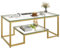 Wolawu Mesa de centro de cristal dorado para sala de estar, mesa central rectangular de 2 niveles con marco de metal resistente, mesa decorativa moderna de vidrio templado para dormitorio, oficina en