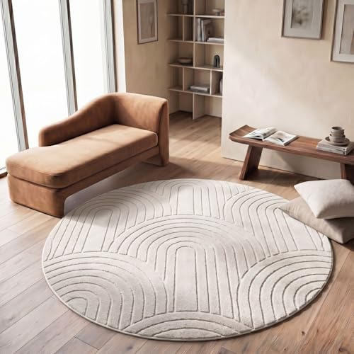 TT Home Wohnzimmer Teppich Schlafzimmer Hochflor Skandinavisches Design Unifarben Geometrisch Boho Style Modern Waschbar, Creme 1, 160 cm Rund