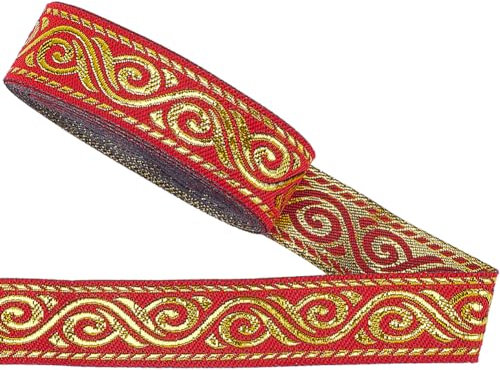 GORGECRAFT 7 Meter Doppelseitiges Rotes Jacquardband Boho-Vintage-Stil Besticktes Gurtband Ethnischer Gewebter Rand Fransenstoff Flache Borte Zum Nähen von Kleidung Vorhängen Geschenkverpackungen