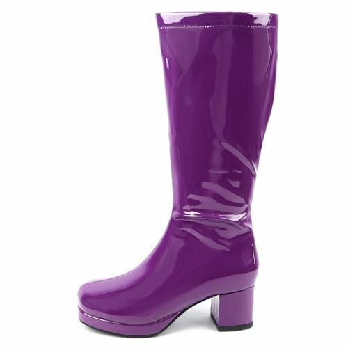 ErikenUrben Donna Wide Calf al Ginocchio Stivali Vernice Cuoio GoGo Stivali Tacco Largos Platform Tall Stivali 60s Festa Danza Costume Scarpe Zipper Purple Taglia 8