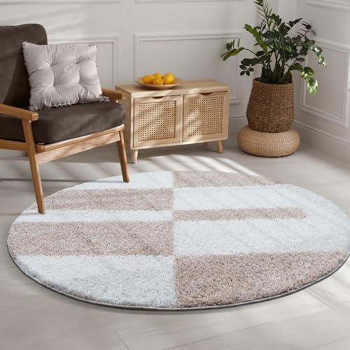 SANAT Milano Shaggy Teppich - Hochflor Teppiche für Wohnzimmer, Schlafzimmer, Küche - Weiss Beige, Größe: 200 cm Rund