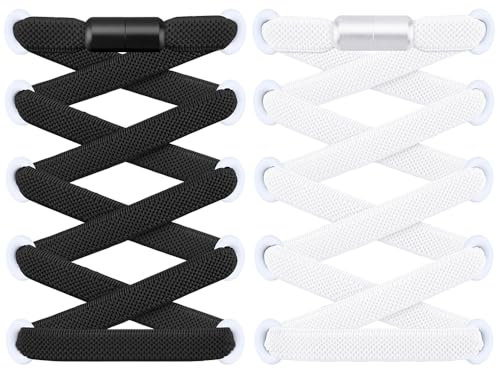 RJ-Sport 2 Paar flache Schnürsenkel ohne Binden - Elastische Schnürsenkel mit Schnellverschluss - Schnellschnürsystem für Einzigartigen Komfort und Starken Halt - mit Metallkapseln (Schwarz+Weiß)