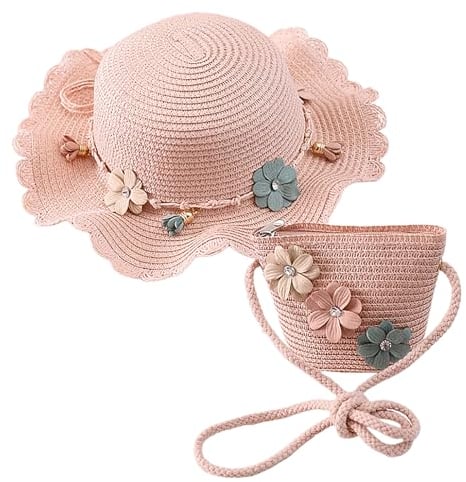 HIMKI Strohhut Tasche Set Kinder Sonnenhut Süßer Sommer Strandhut + Strohtasche für Mädchen Reisehut mit Blumendeko für den Urlaub Reise Outdoor, Kopfumfang: 52-54 cm (Stroh, Pink-A)