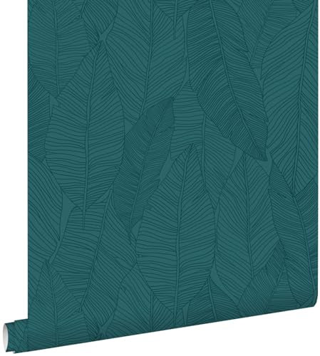 papier peint feuilles dessinées bleu canard 0,53 x 10,05 m - ESTAhome