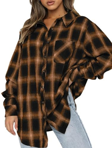 Jhsnjnr Chemise à carreaux en flanelle pour femme - Boutonnière - Col en V - Haut long - Chemise à carreaux surdimensionnée - T-shirt à manches longues, marron, S