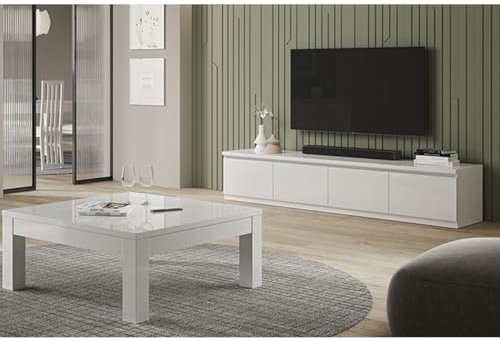AltoBuy DEYTON - Ensemble Salon Laqué Blanc Meuble TV 4 Portes + Table Basse Carrée