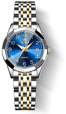 OLEVS Damen Uhr Gold Silber Edelstahlband Analoger Quarz Damenuhr Klassisches Luxus Blau Kleines Gesicht Arabische Ziffern Diamanten Uhr Damen Leuchtend Wasserdicht mit Datum Watches for Women