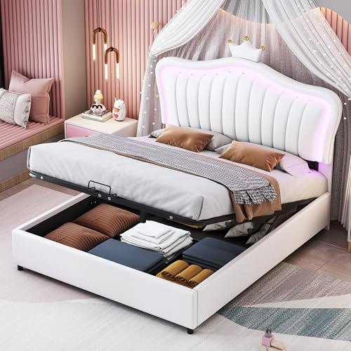 Luxus Prinzessinnen-Kinderbett 140x200cm - Weißes Hydraulik-Polsterbett mit LED & Mega-Stauraum - Mädchentraum Einzelbett aus PU-Leder - Robustes Jugendbett mit Krone