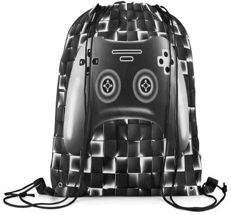 Homewish Gamer Kordelzug Rucksack, Gaming Draw String Rückentasche, Videospiel Controller Kordelzug Taschen, Moderne Gamepad Cinch Tasche, Neonlicht Glühende Plaid Grid String Rucksack Silber Schwarz