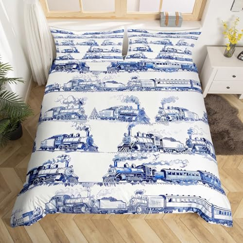 Zug Tröster Abdeckung für Jungen,Dampfmaschine Bettbezug 135x200,Schienenfahrzeug Bettwäsche Set Eisenbahn Track Retro Stil Bettdecke Abdeckung für Kinder Teens Erwachsene Männer Schlafzimmer Dekor