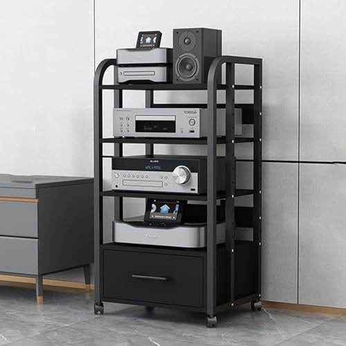 HiFi-Audio-Rack-Schrank für Zuhause, 100 cm hoch, großer Audio-Video-Medienständer für Verstärker/Plattenspieler/Stereo-Receiver – Eck-Entertainment-Center, Druckerständer mit Rollen (schwar