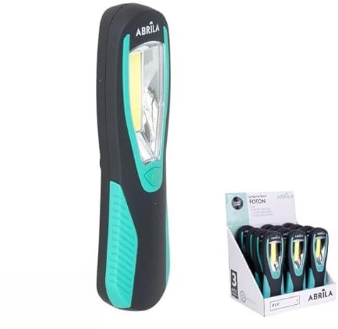 Linterna Foton de trabajo COB 300 lúmenes. Compacta y versátil, con gancho giratorio e imán. Mide 20x6x3 cm y funciona con 3 pilas AA (incluidas). Ideal para diversas tareas.
