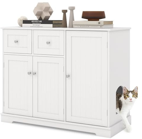 GOPLUS Katzenschrank für Katzentoilette, Beistellschrank mit 3 Türen, Katzenklo mit geräumiger Oberseite, 2 Aufbewahrungsschubladen und seitlichem Eingang für Katzen, 100 x 45 x 80 cm, Weiß