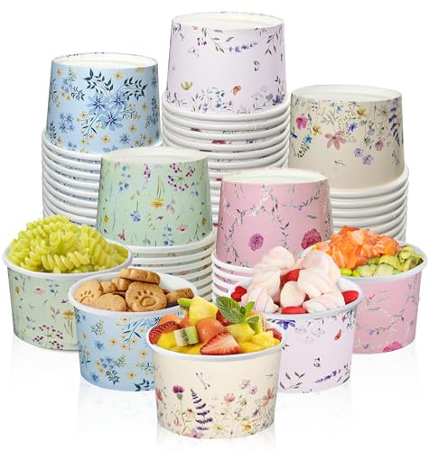 Nihuecne 50 Pcs 9 oz Floral Themed Disposable Dessert Paper Bowls in 5 Designs, Disposable Snack and Soup Bowls for Events, Game Day, Birthday Party Supplies, Perfect for Hot or Cold Food